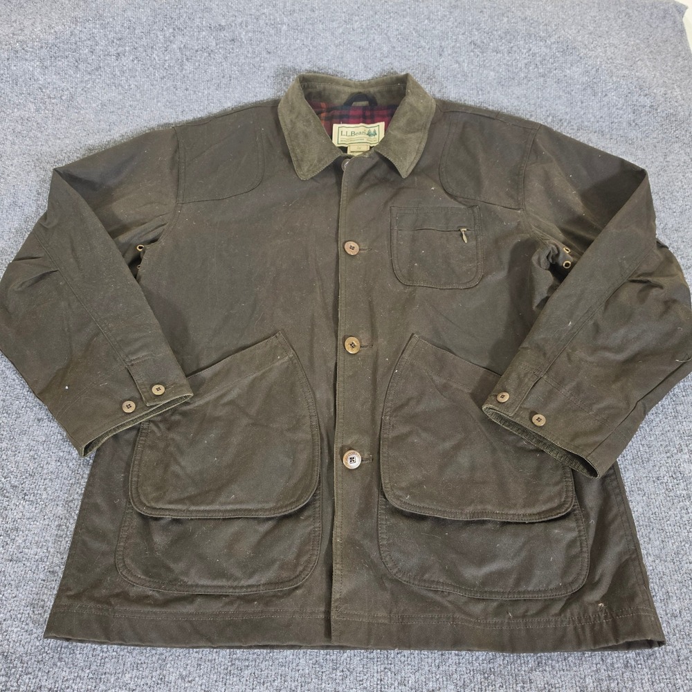 LL Bean Mens Large Field Coat Barn Jacket Olive Green Plaid Flannel Lined Fall